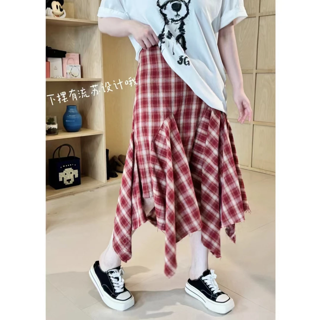 晶咕【格子时代】美式复古定染格子不规则流苏高腰A字半身裙