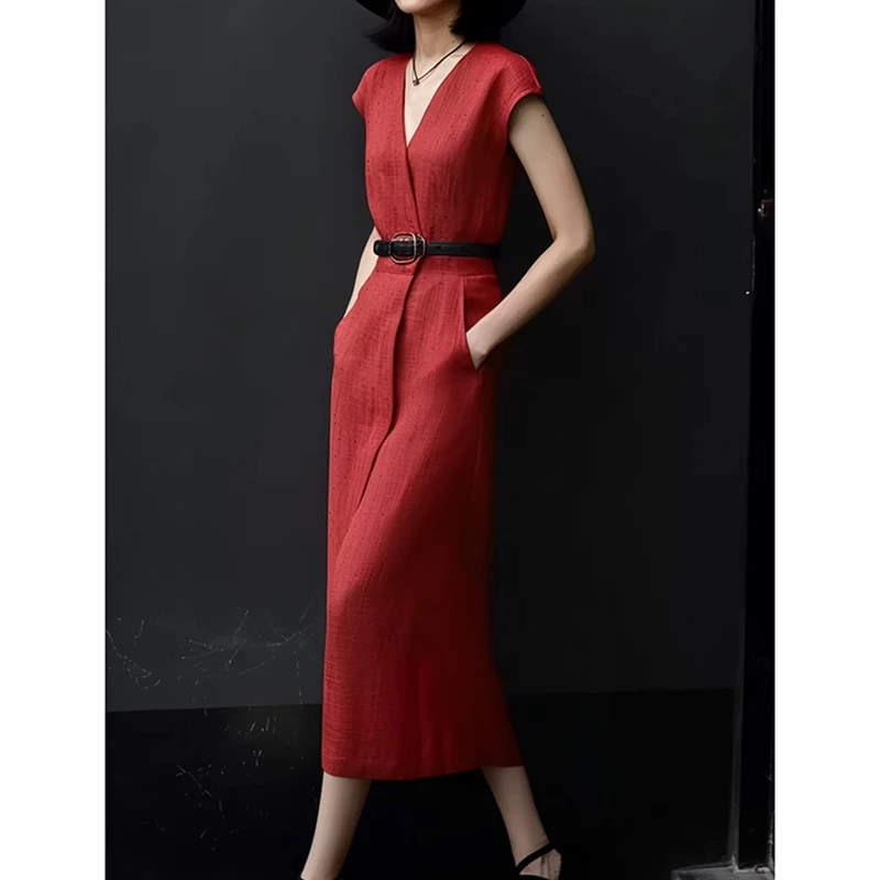 2025夏季新款女装轻奢气质长裙复古高端女神范收腰通勤优雅连衣裙