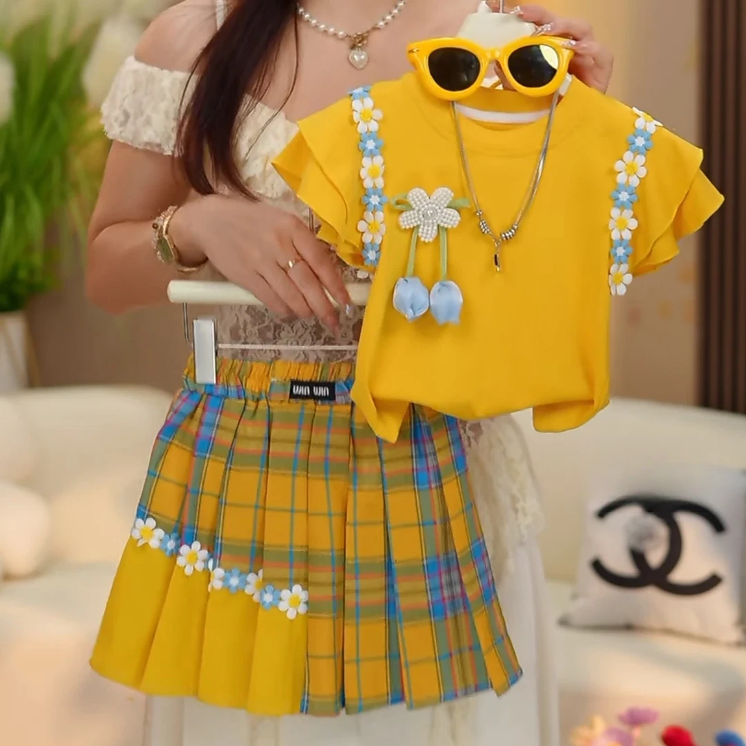 女童夏季套装032025新款儿童短袖T恤洋气时髦宝宝休闲衬衫百褶裙