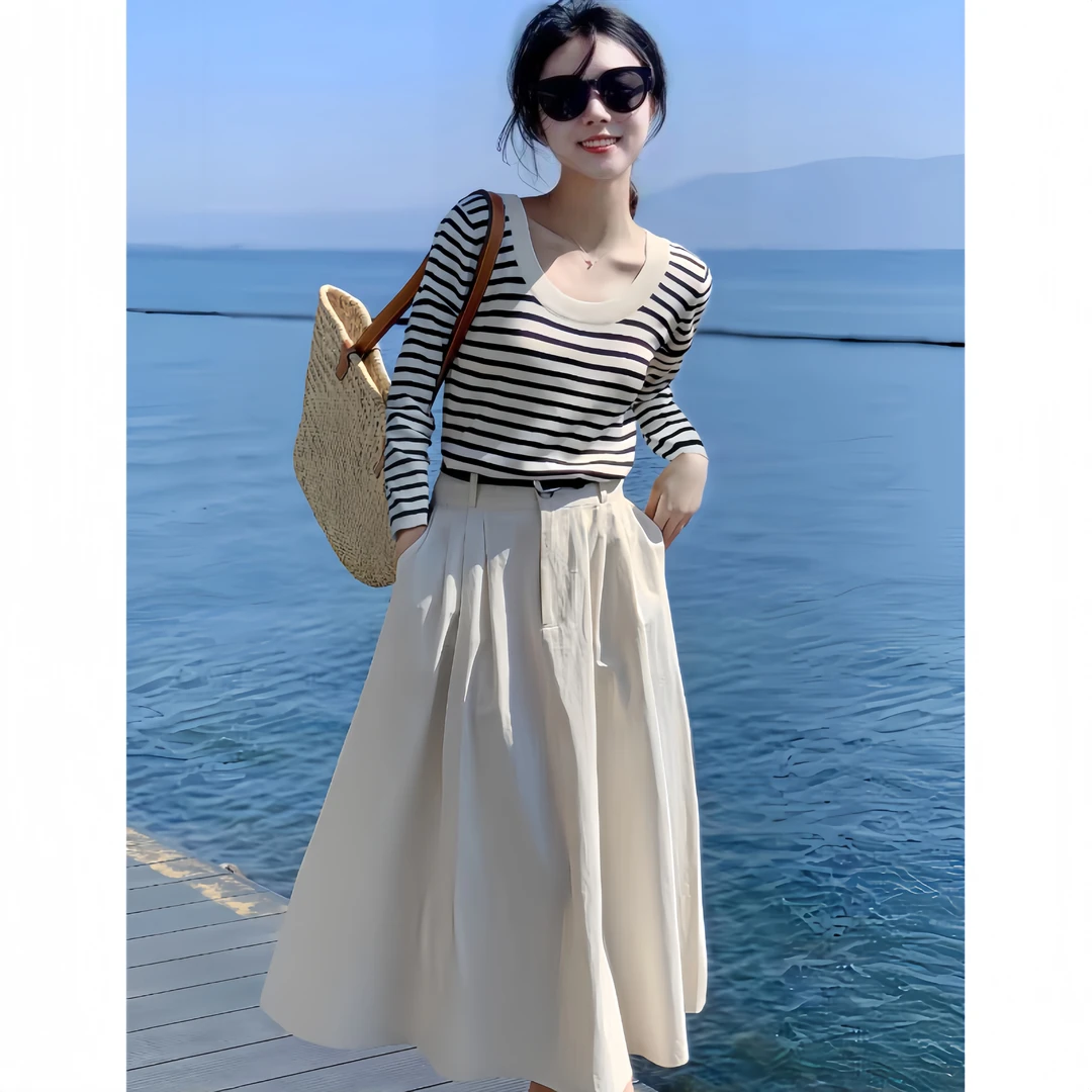 秋季套装女款爆款2025年新款长袖条纹针织衫搭配高腰小个子半身裙