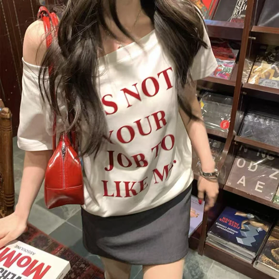 WEIMI#[DY0046]斜肩印花常规短袖字母韩版圆领小众网红美高穿搭