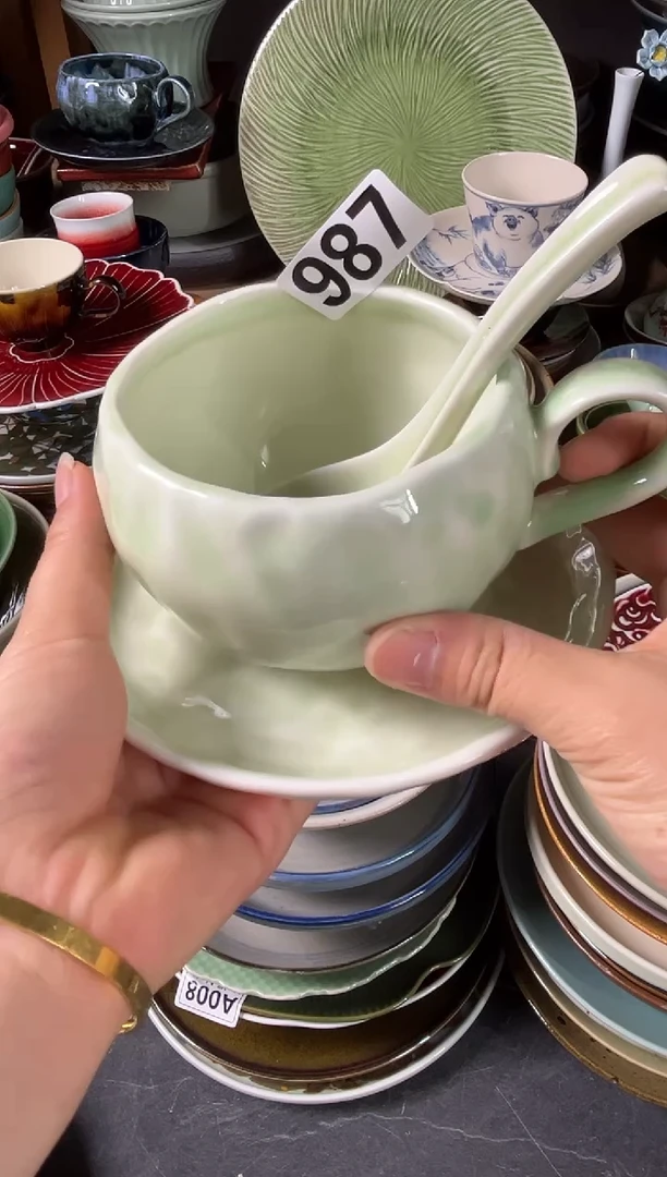 瓷片阿*987春草绿咖啡杯一套