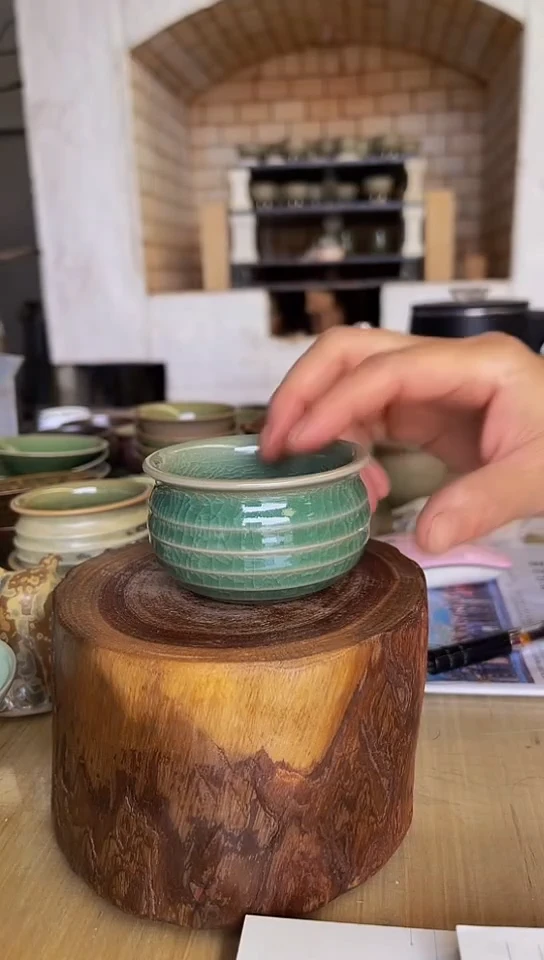 摆件原生态原矿青绿弦纹杯