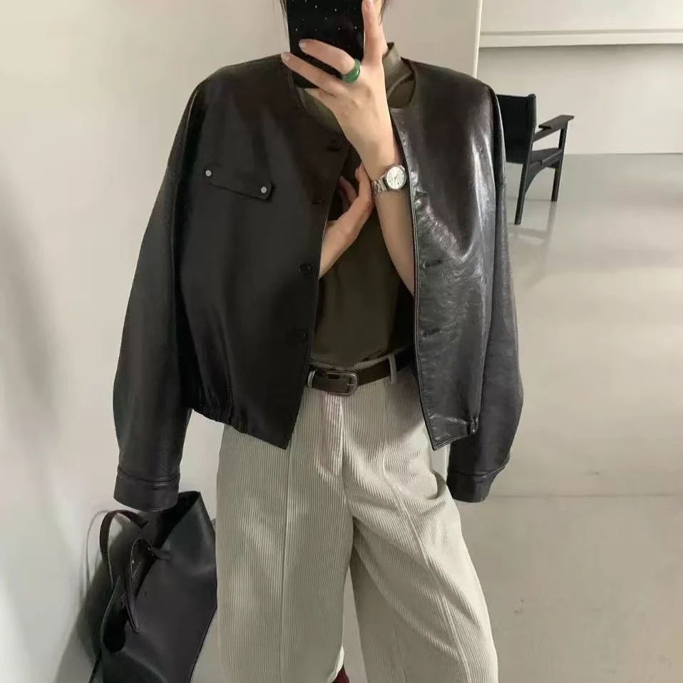 3331•圆领PU WT# 东大门圆领极简机车风PU外套·