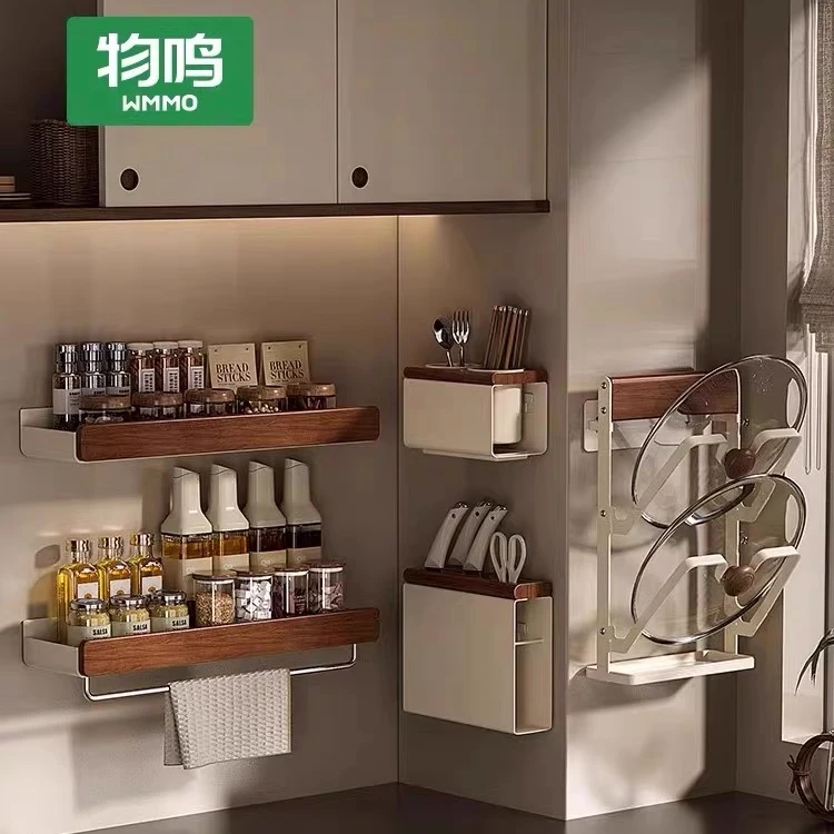 物鸣榉木厨房置物架中古风免打孔多层实木锅盖刀筷调料壁挂收纳架