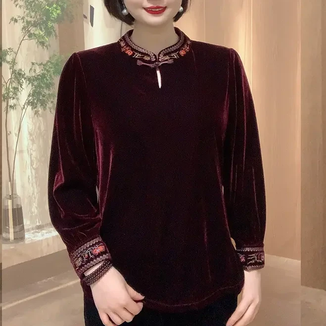 水滴领民族风刺绣金丝绒衫气质长袖中式打底显瘦上衣中年女士T恤