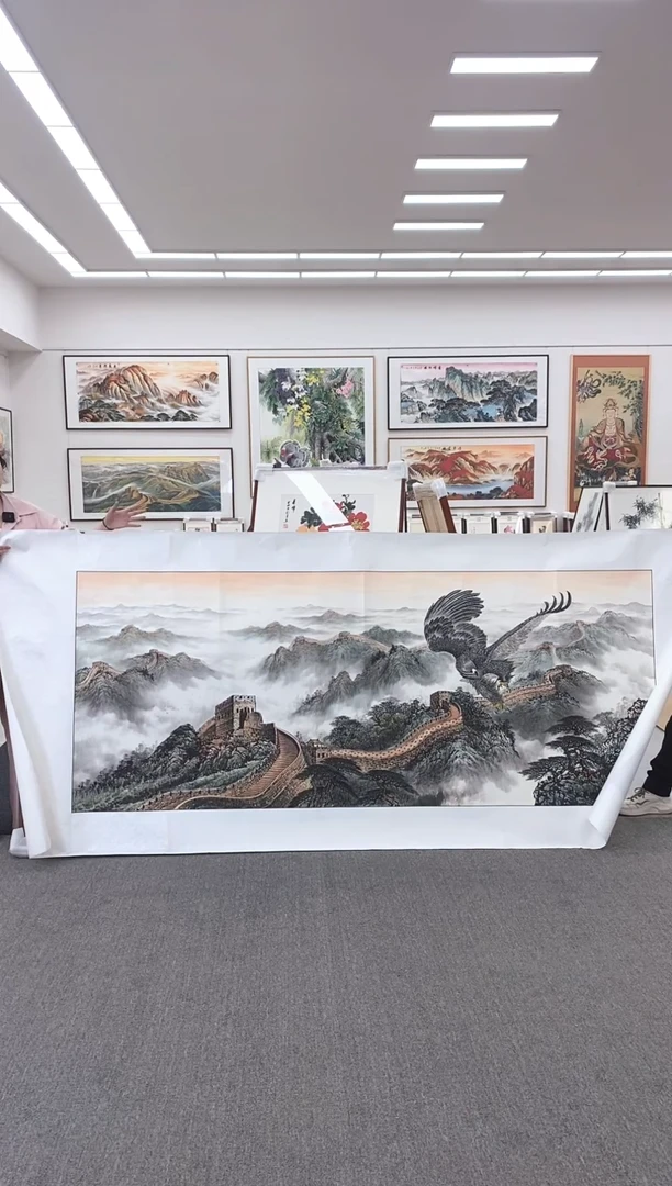 国画手绘219*88雄鹰展翅