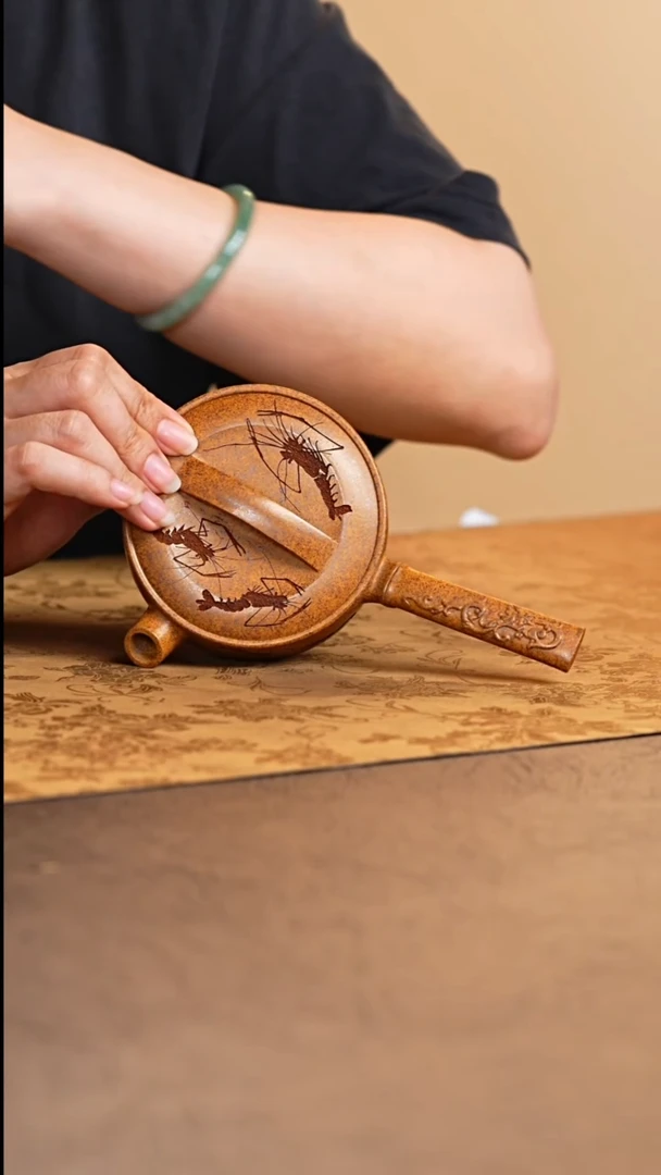 茶壶紫砂宜兴原矿紫砂锦绣柴烧虾趣唐羽壶