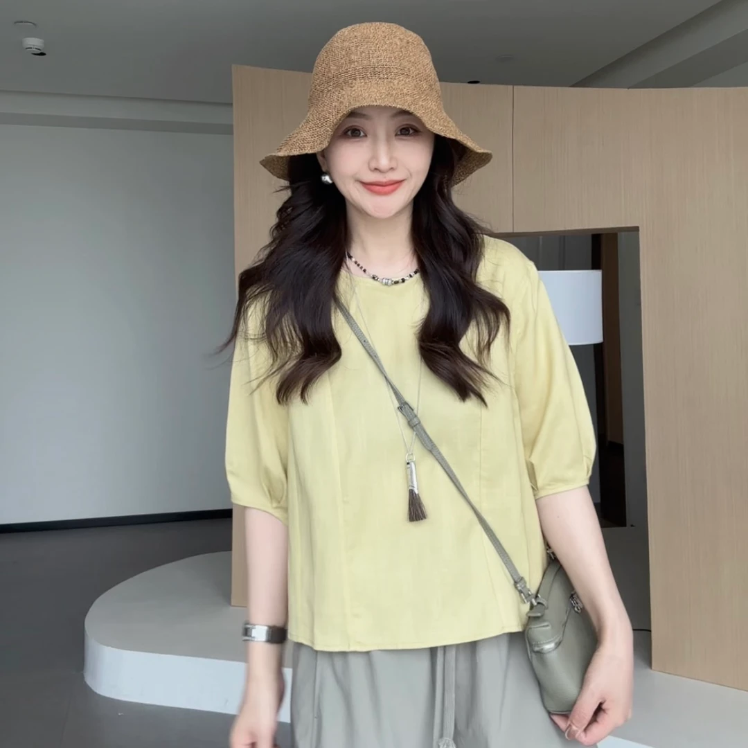 【甜渍绘刊】莱赛尔亚麻短款气质衬衫欧若风圆领套头短款上衣女