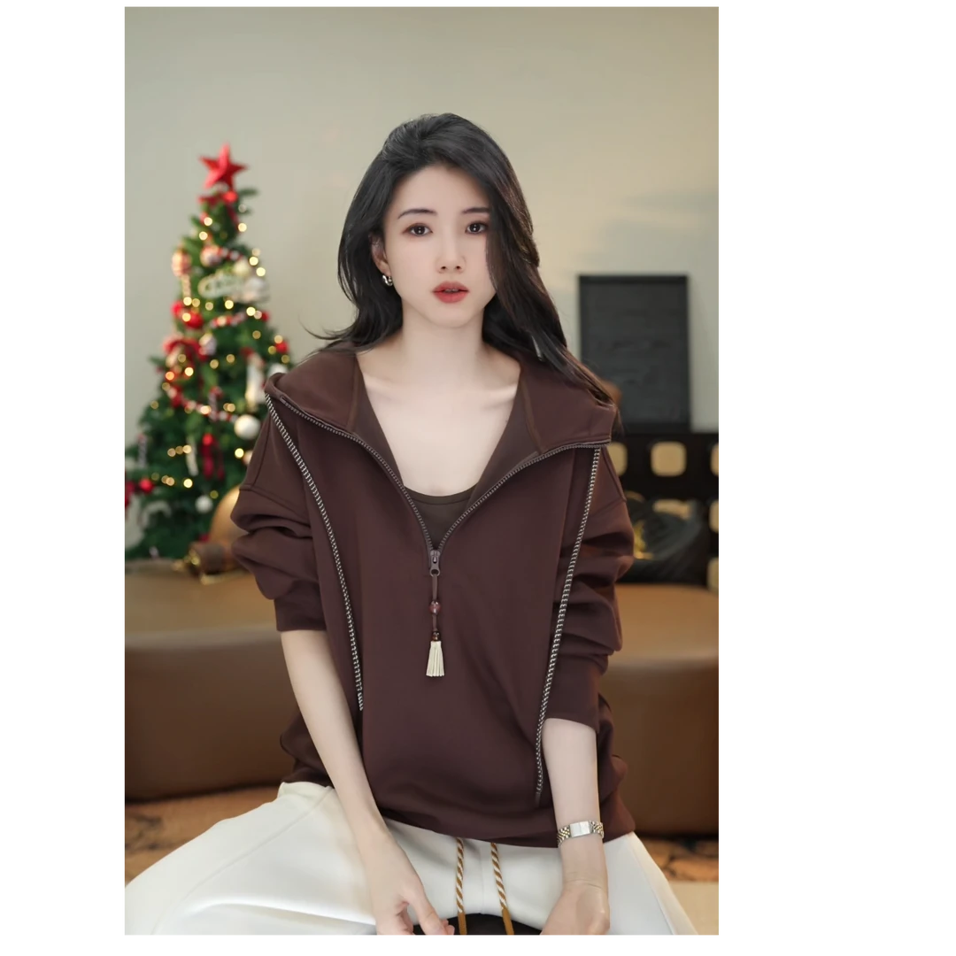 小乖逃咖色卫衣螺旋帽绳连帽半拉链圆领黑白条纹宽松扫头S25681