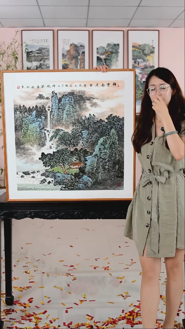 国画张现军《祥云飞泉》柚木框发货82*82厘米