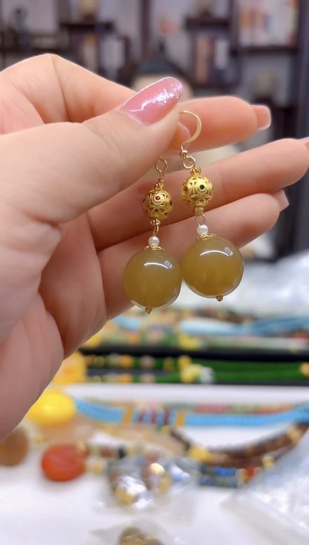 【闪购商品】和田玉（糖玉）耳饰14K金镶嵌E247