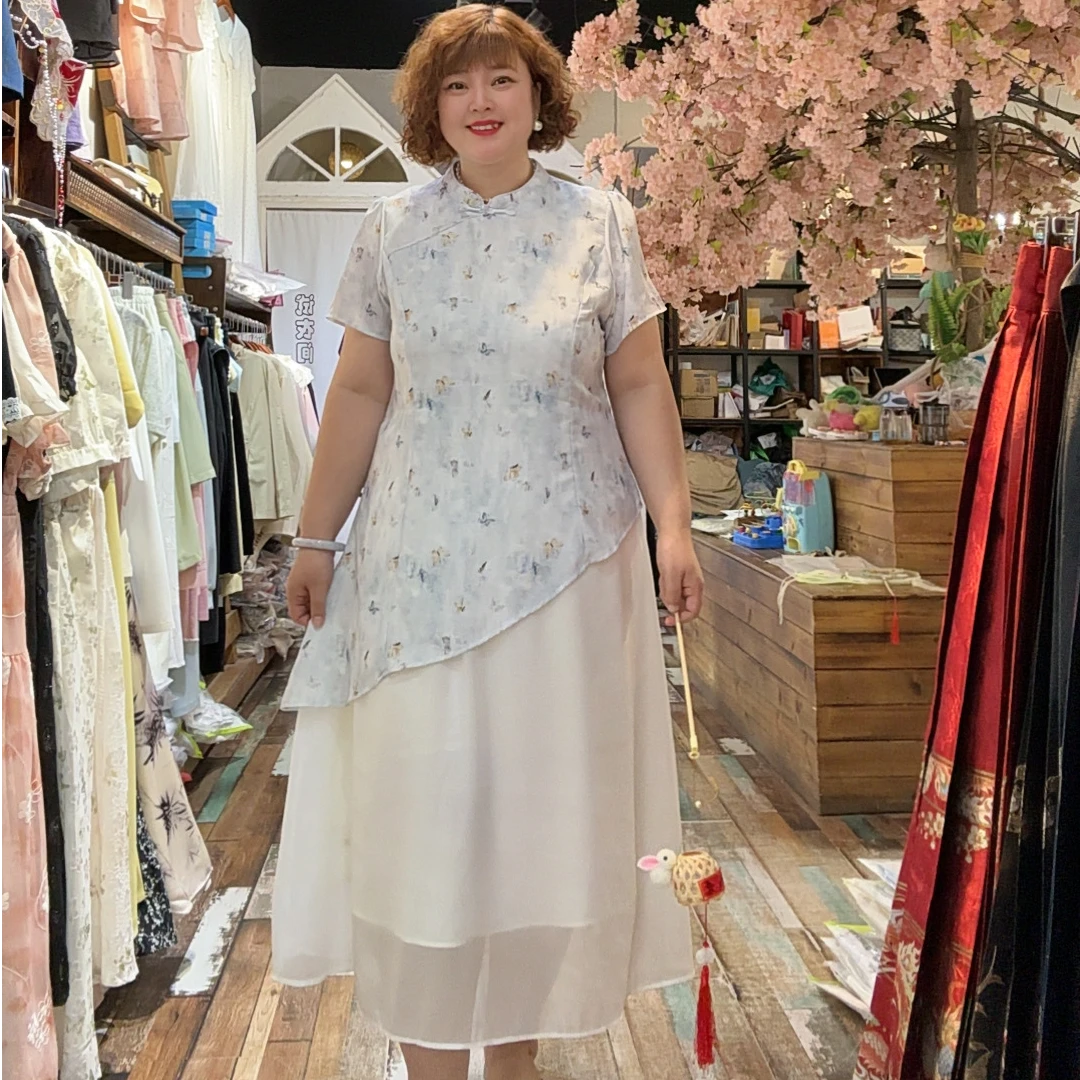 12106新中式改良旗袍裙夏季胖mm大码女装中国风假两件碎花连衣裙