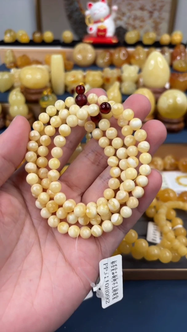 手串琥珀未镶嵌p51 俄白花蜡佛珠 6+mm 19.06克