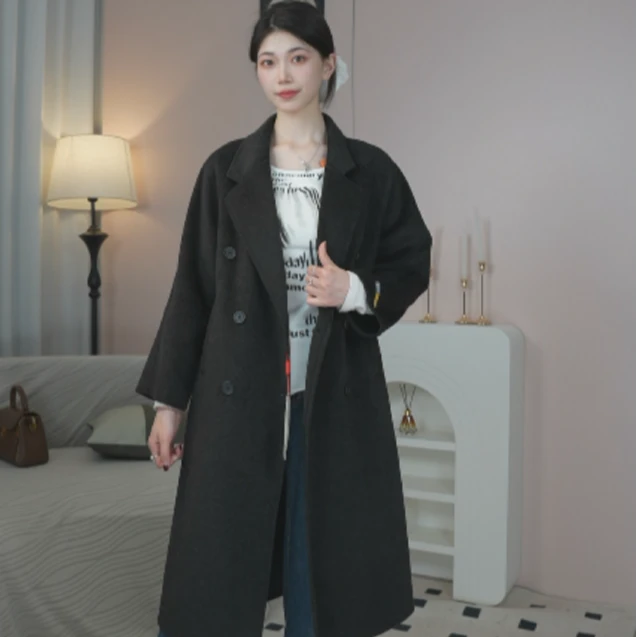 秋新款加厚锁边双面呢大衣气质时尚百搭过膝长款韩版宽松MK250309