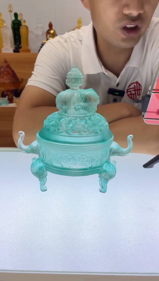 琉璃手工艺品吉祥如意香炉17*17冰蓝色