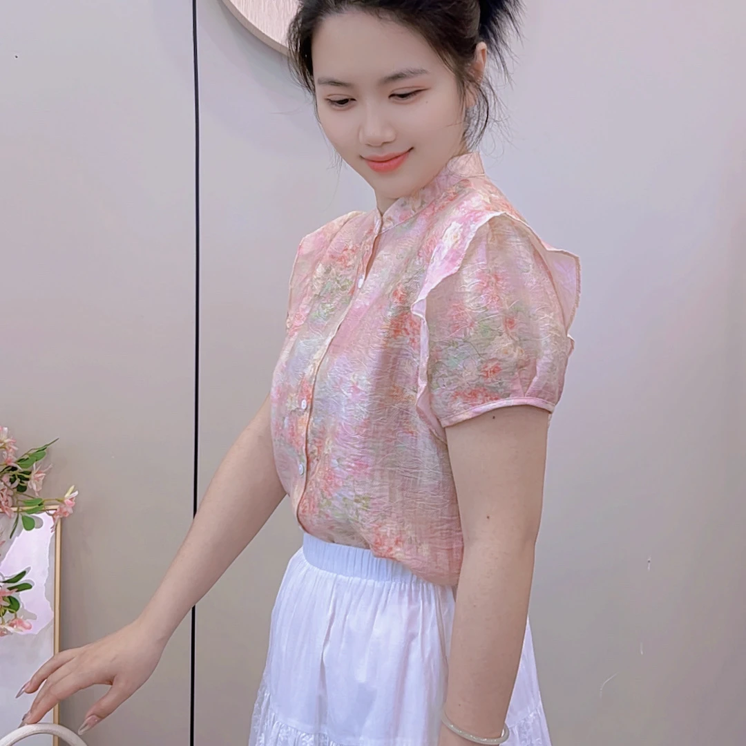倩-CS1250莫奈花园系列《粉玫瑰》短袖衬衫时尚莱赛尔天丝面料百搭