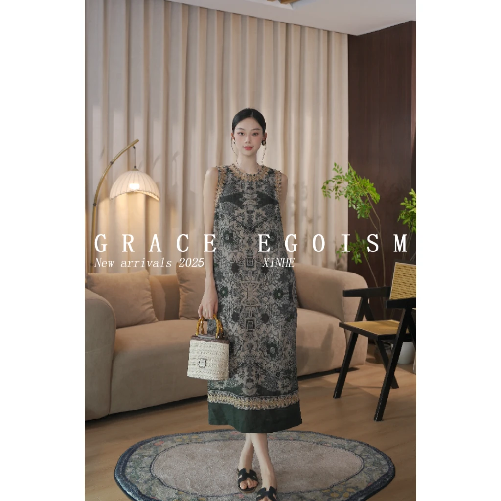 金禾【罗马假日】折扣国风亚麻新款艺术感复古印花连衣裙3489