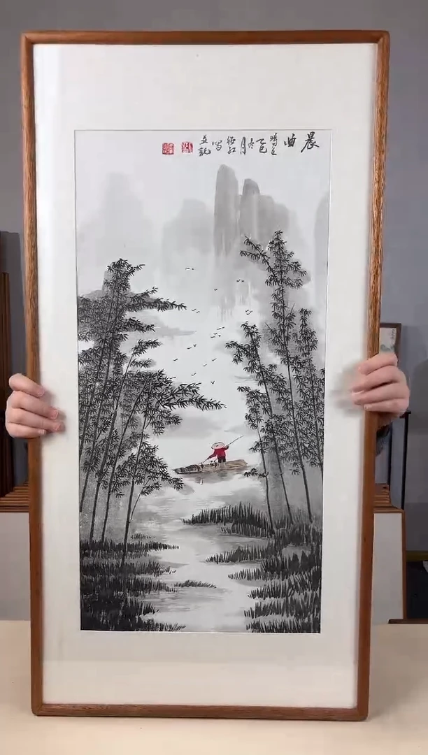 国画手绘*晨曲*47*92cm*原木色木框