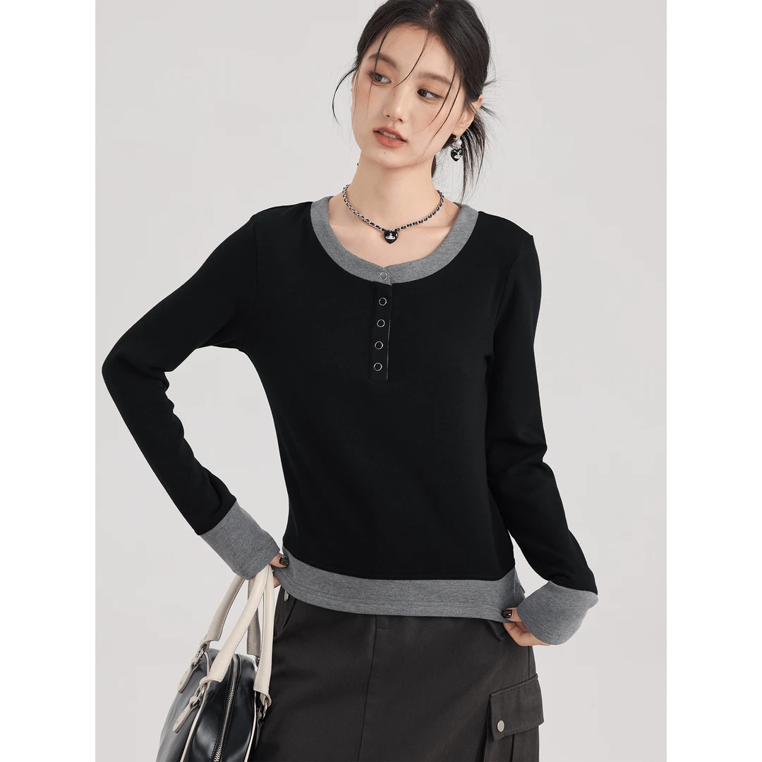 爱蔷薇大码黑色长袖t恤女圆领2025年新款春季洋气内搭上衣GT75451