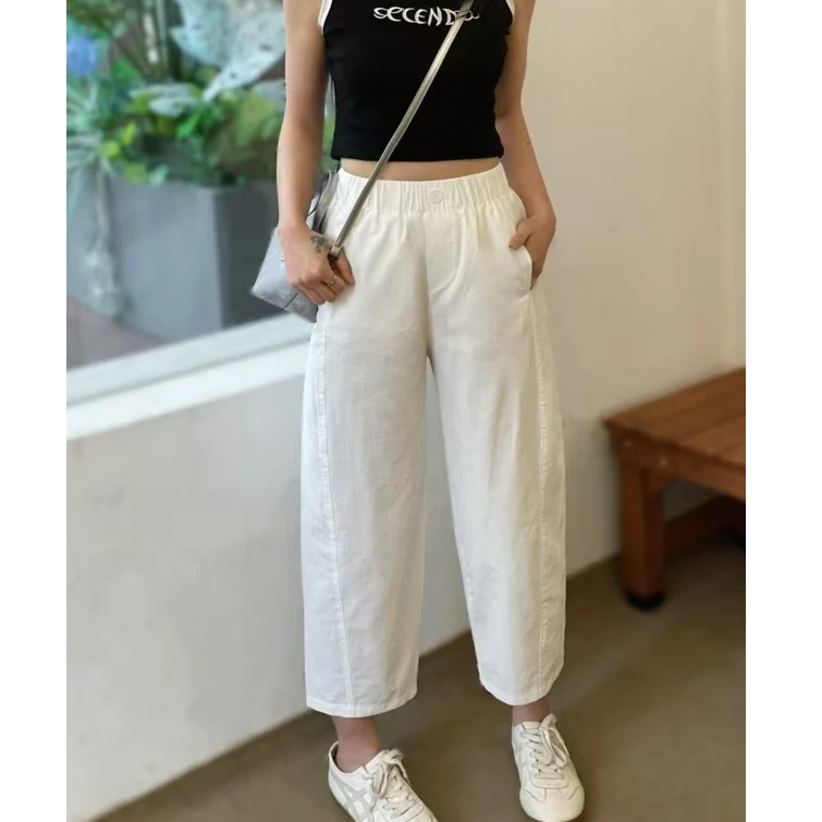 2807夏季8分奶娘裤休闲裤高腰时尚百搭纯色松紧腰松紧腰显瘦