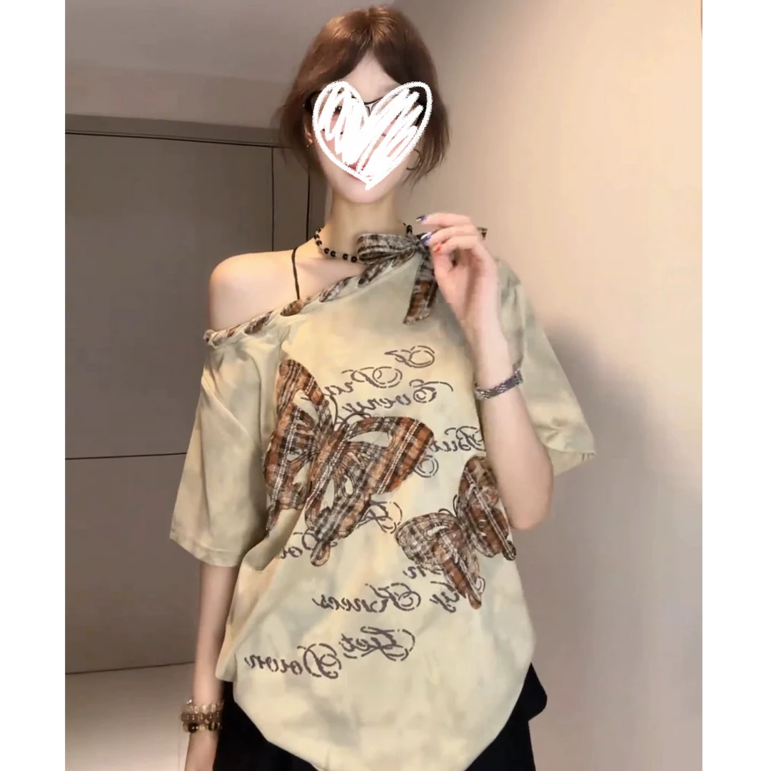 废土风美式蝴蝶短袖T恤女夏季复古做旧绑带斜肩宽松y2k辣妹上衣潮