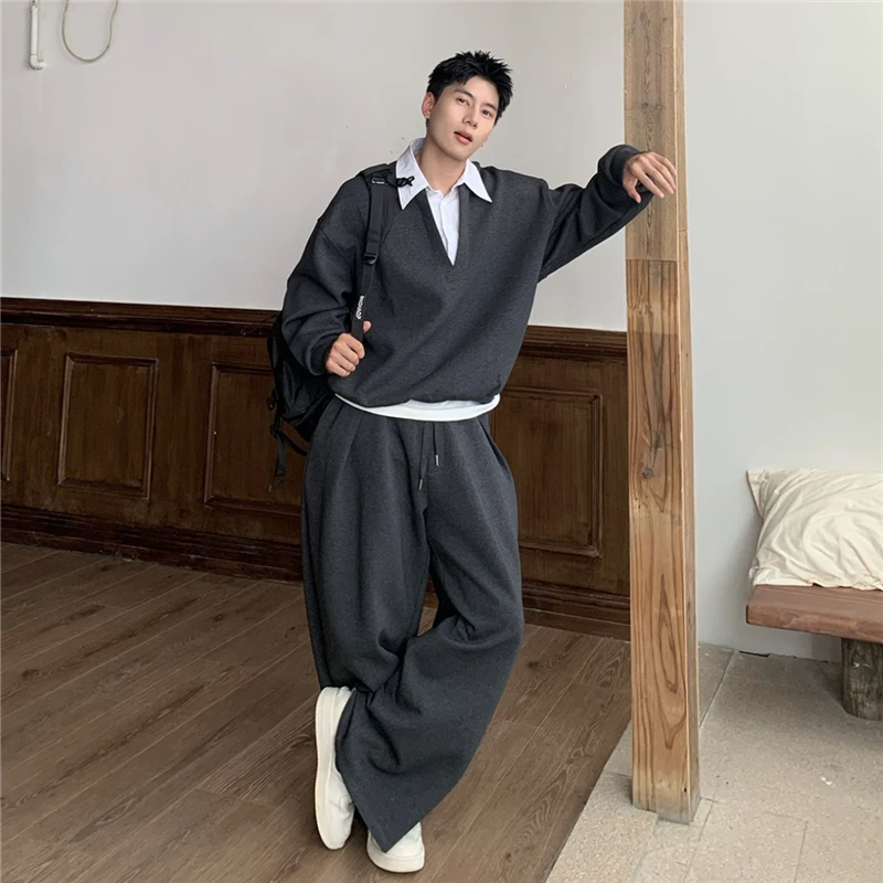 VALVOELITE秋季美式潮牌高级感假两件拼接卫衣套装男宽松休闲时尚