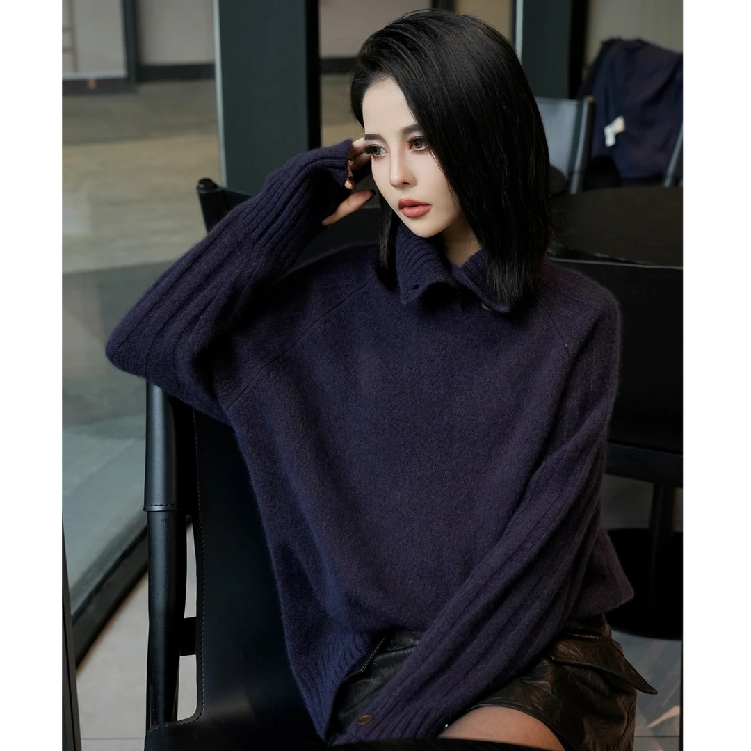 POPULARYW【延入鸢迷】Z·R上品屋 三粒扣立领袖口露指设计针织衫