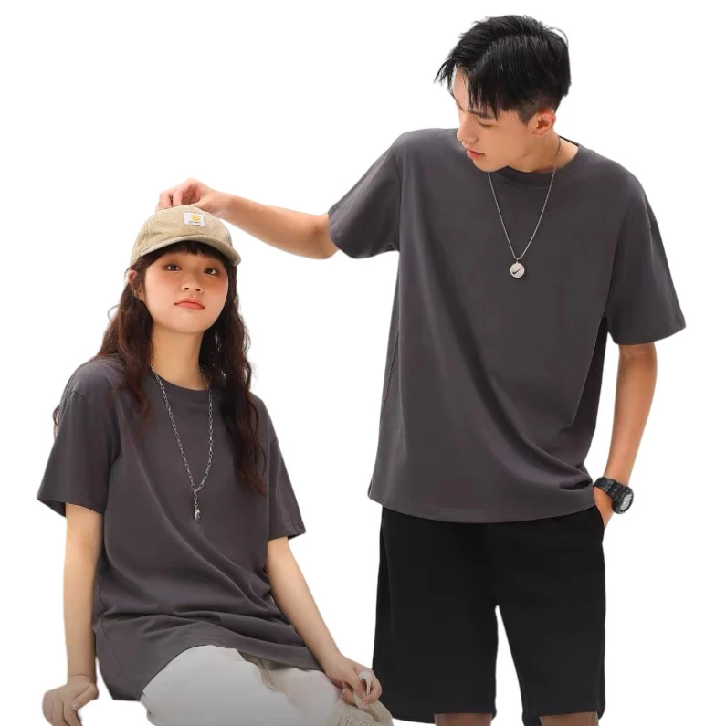 男女同款100%纯棉圆领夏季百搭短袖T恤纯色休闲时尚半袖情侣宽松