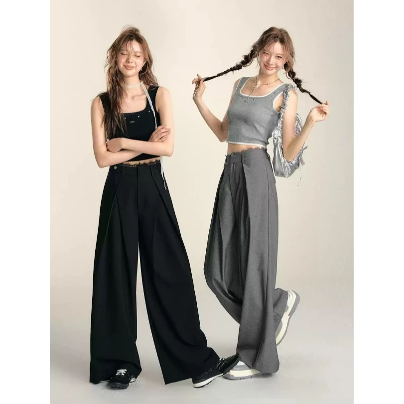 时尚蕾丝拼接褶皱休闲西裤春夏新款高腰显瘦宽松垂感拖地阔腿裤