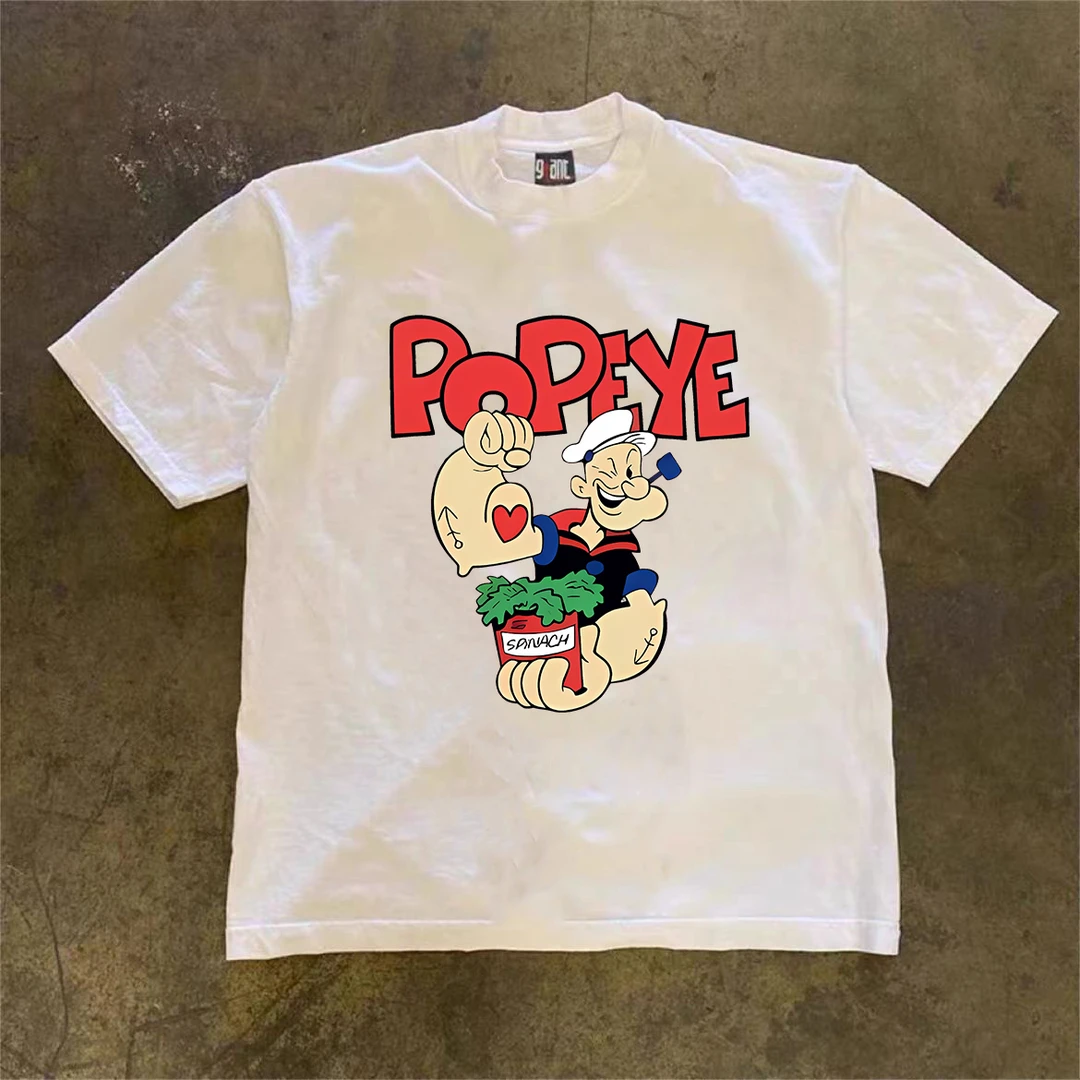 夏季纯棉大力水手短袖高级感t恤男士休闲男生圆领宽松半袖上衣