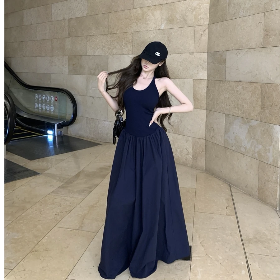 蓬蓬拼接吊带连衣裙女春法式设计感修身收腰无袖长裙子