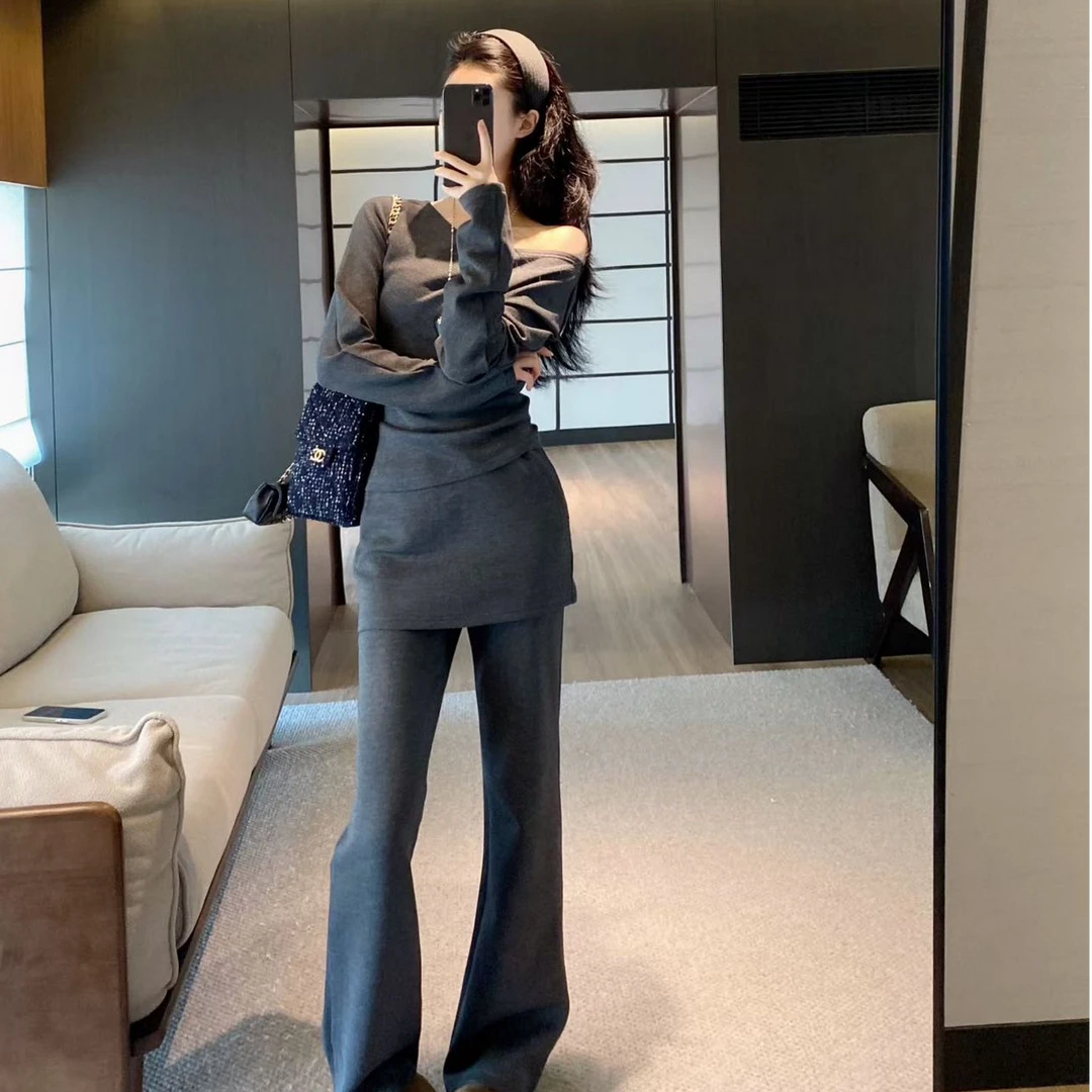 2025秋季新款时尚休闲长袖斜肩修身上衣T恤运动微喇叭长裤套装女