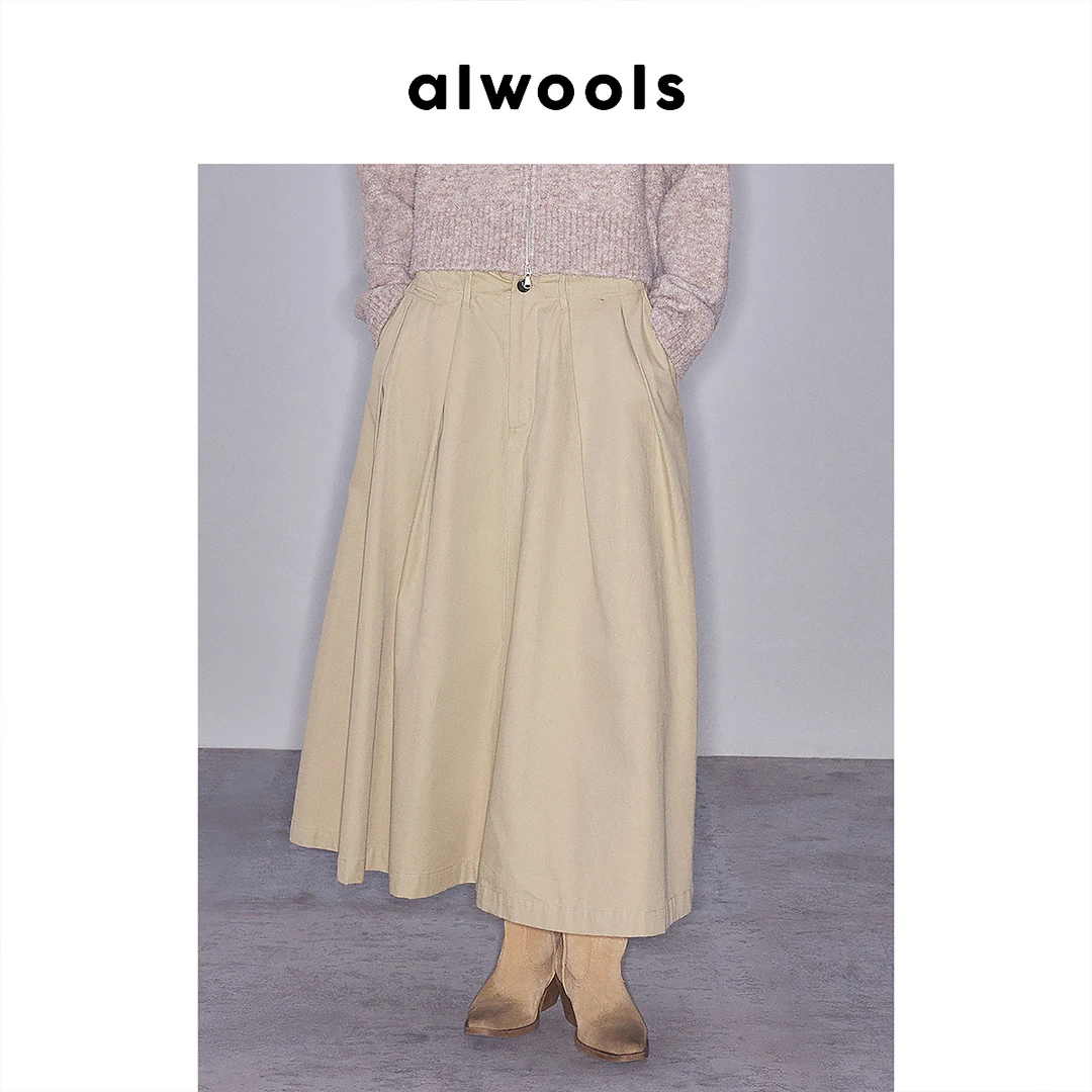 ALWOOLS2025秋冬新品图腾绣花高腰中长伞裙