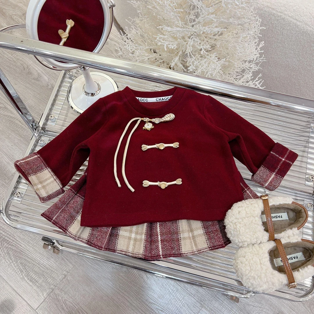 女童冬季套装加绒女宝宝保暖新中式短裙上衣两件套