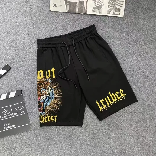 男士短裤时尚夏季潮流印花五分裤裤子休闲裤百搭情侣透气黑色烫钻