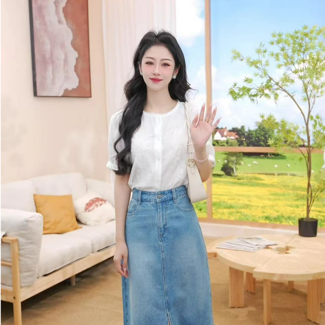 【商场同款】茵曼秋季新款女装刺绣薄款衬衫时尚显瘦宽松短袖衬衣