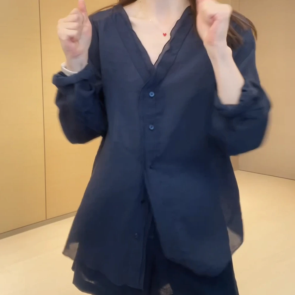 韩系简约夏季新品双层花边V领微透宽松衬衫C5627