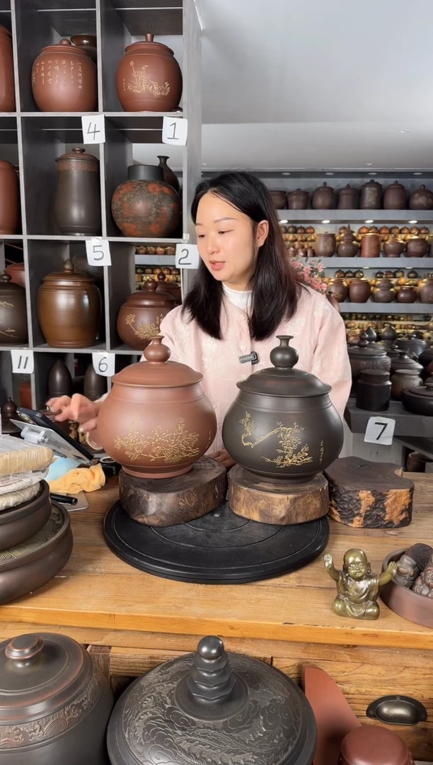 本陶手作坭兴陶2斤装一对茶叶罐手工痕迹