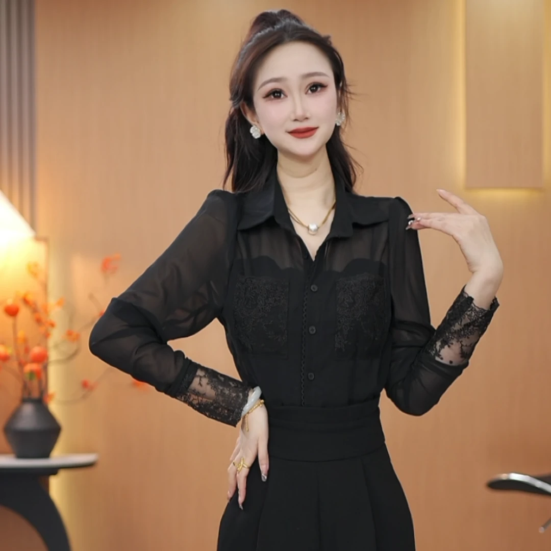 【星期衣】2025新款显瘦设计感洋气百搭长袖小众拼接蕾丝衬衫上衣女