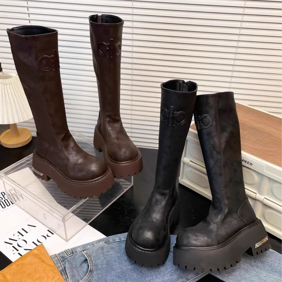 【帝王专属】时装靴圆头长筒弹力中筒高筒靴厚底百搭女士女鞋