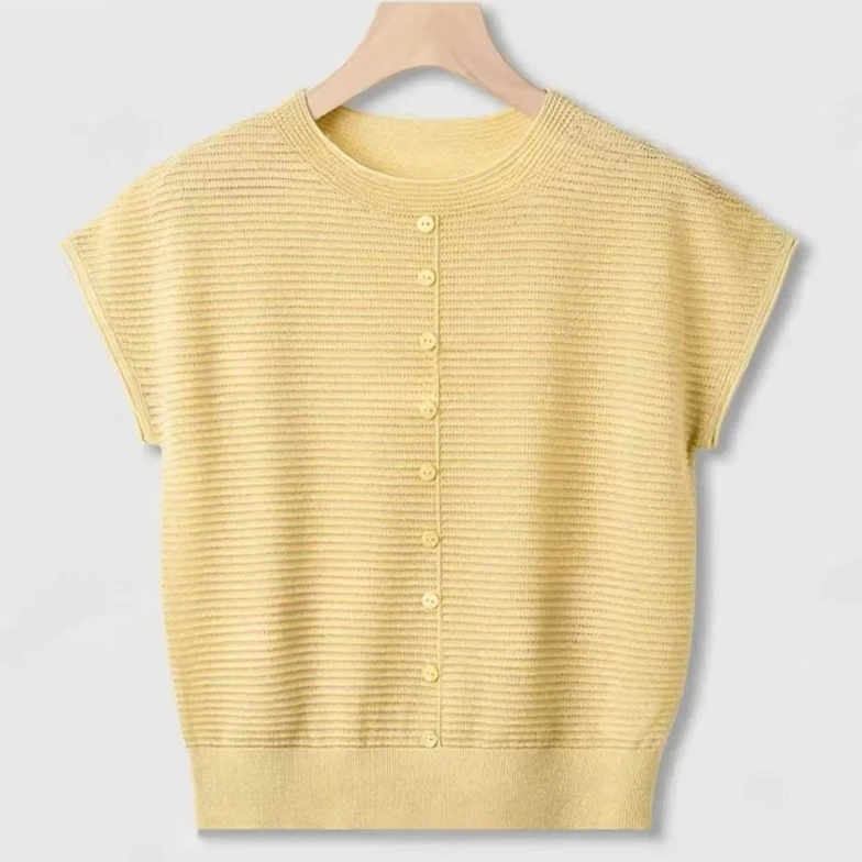 莱赛尔天丝夏季新款一字领飞飞袖单排扣针织宽松短袖上衣1166-2