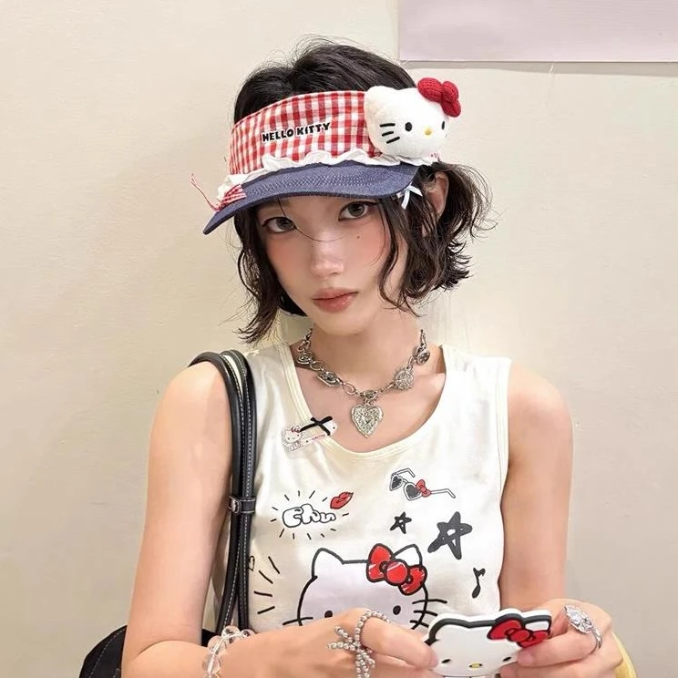 可爱kitty猫蕾丝蝴蝶结空顶帽女夏季户外显脸小太阳遮阳防晒帽子