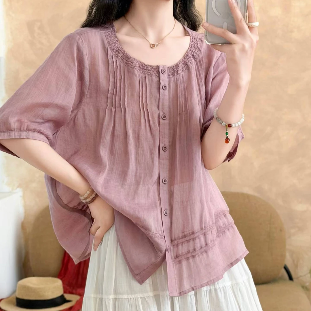 【100%苎麻】2026夏季花边拼接圆领高级感纯色上衣女士小衫G26085