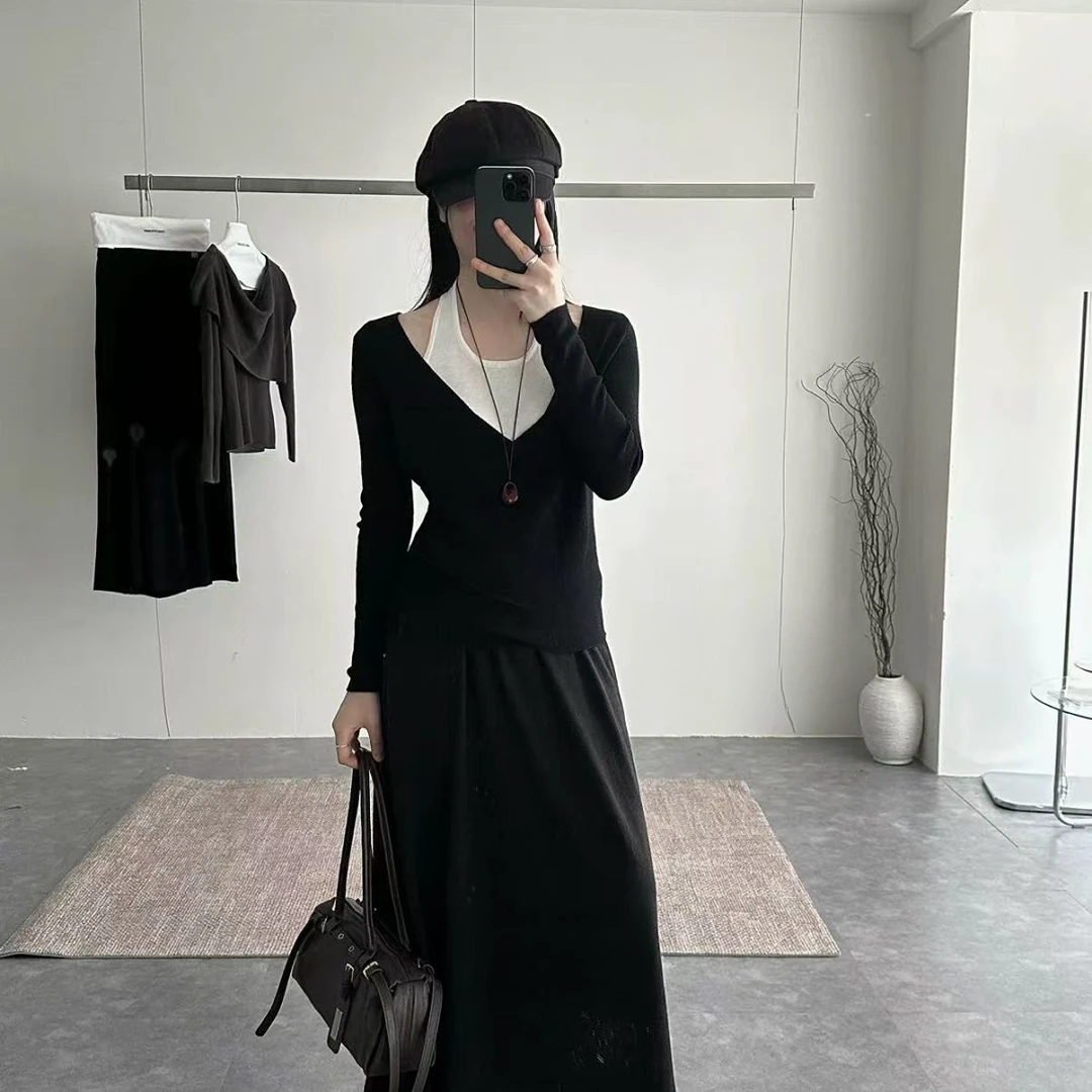 【锦衣服饰】XSY 501 简约百搭挂脖假两件修身显瘦针织衫
