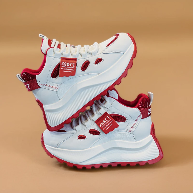 真皮老爹鞋女2025春新款厚底内增高运动鞋高帮休闲鞋红色本命年鞋