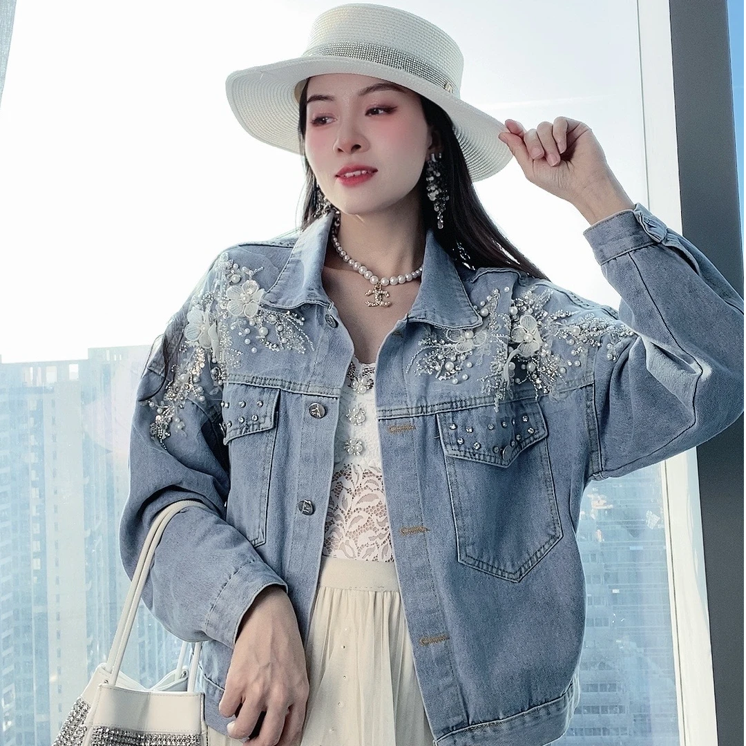 2025重工立体花朵牛仔外套上衣女外套蓝色短款时尚休闲百搭复古