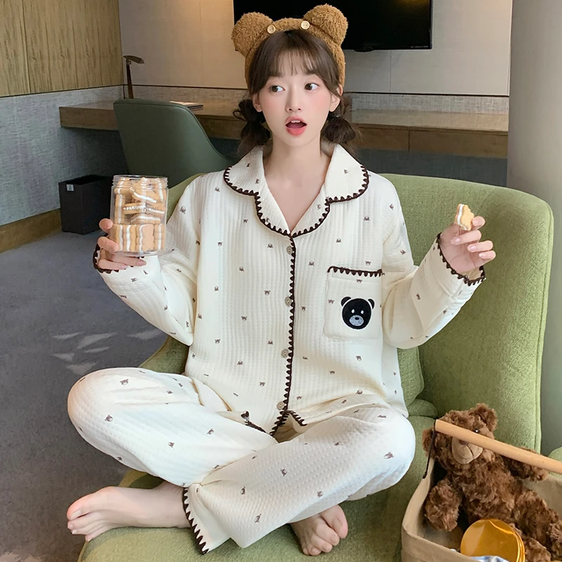 2025冬季新款睡衣女空气夹层翻领开衫长袖长裤舒适保暖家居服套装
