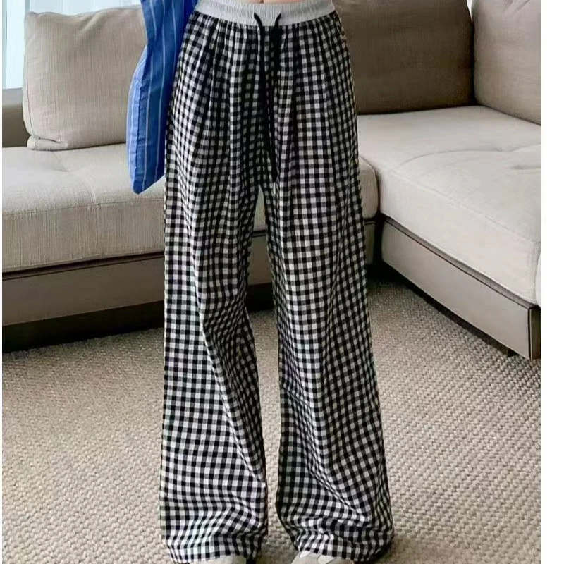 高腰薄款显瘦直筒阔腿裤长裤夏季韩版休闲裤常规款棋盘格格子裤
