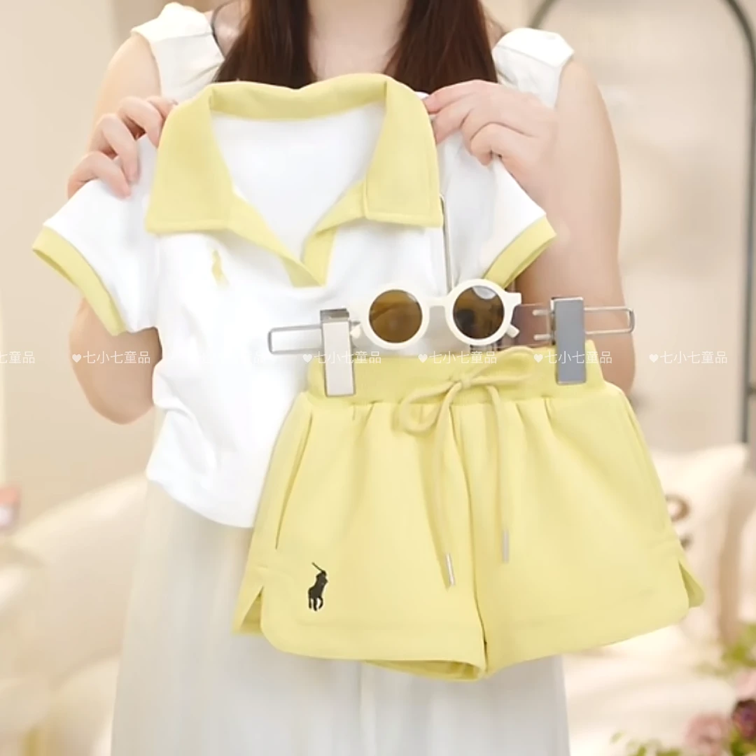 【现货】女童夏季新款韩版时尚柠檬黄polo衫T恤+短裤套装C23044